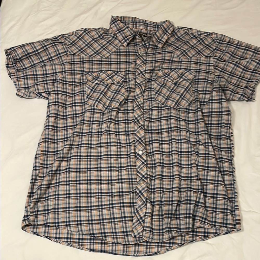 Men's Western Pearl Snap Blue and Tan Plaid Shirt